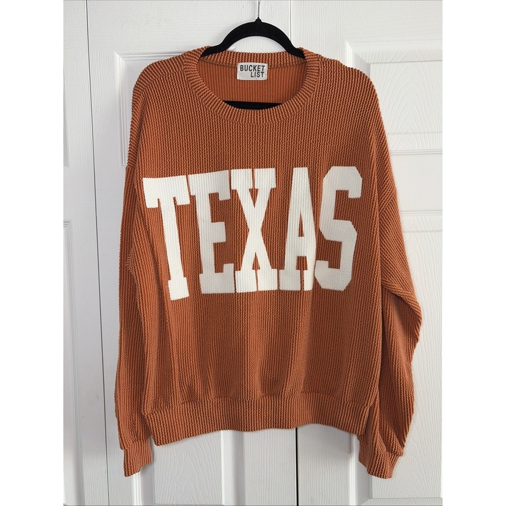 Bucket List Texas Graphic Pullover Sweater Womens Size L Orange Waffle Knit UT
